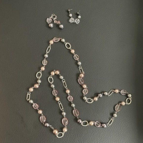 Premier Designs Pink and Gray necklace and earring set - Picture 1 of 10